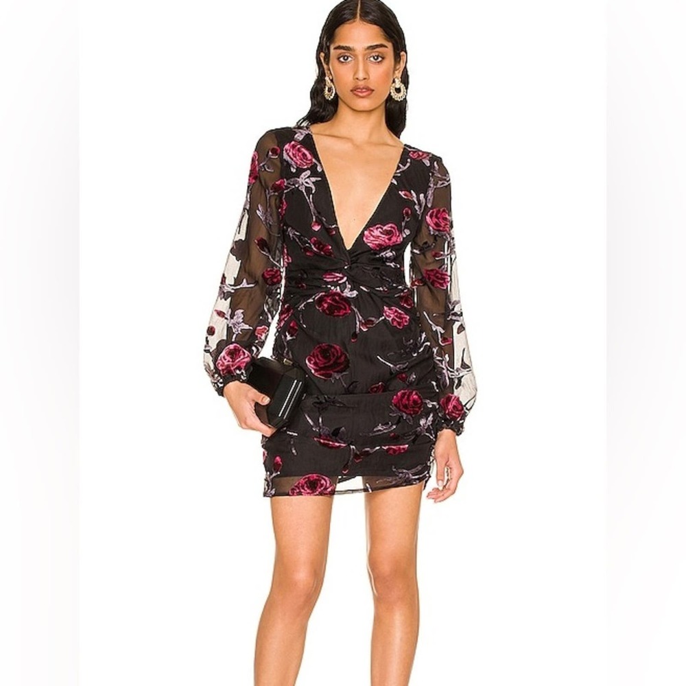 NWT Majorelle XL Revolve Ava Deep V Dress in Black Floral Red Roses Velvet